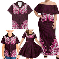 New Zealand Ta Moko Family Matching Off Shoulder Maxi Dress and Hawaiian Shirt Aotearoa Maori Chest Tattoo Pink