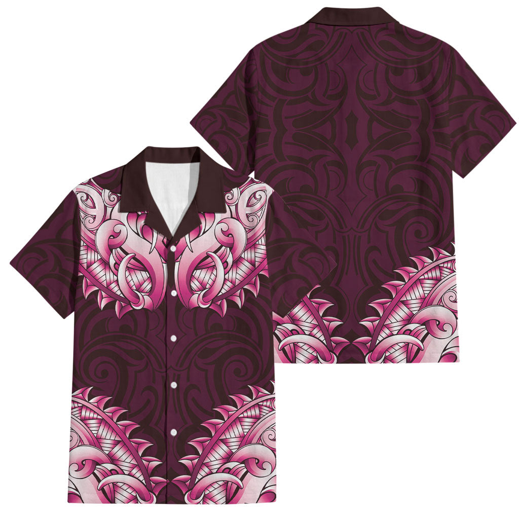 New Zealand Ta Moko Family Matching Off Shoulder Maxi Dress and Hawaiian Shirt Aotearoa Maori Chest Tattoo Pink