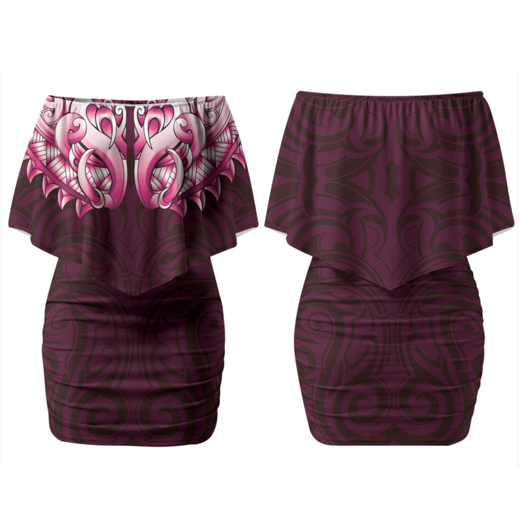 New Zealand Ta Moko Family Matching Off Shoulder Short Dress and Hawaiian Shirt Aotearoa Maori Chest Tattoo Pink