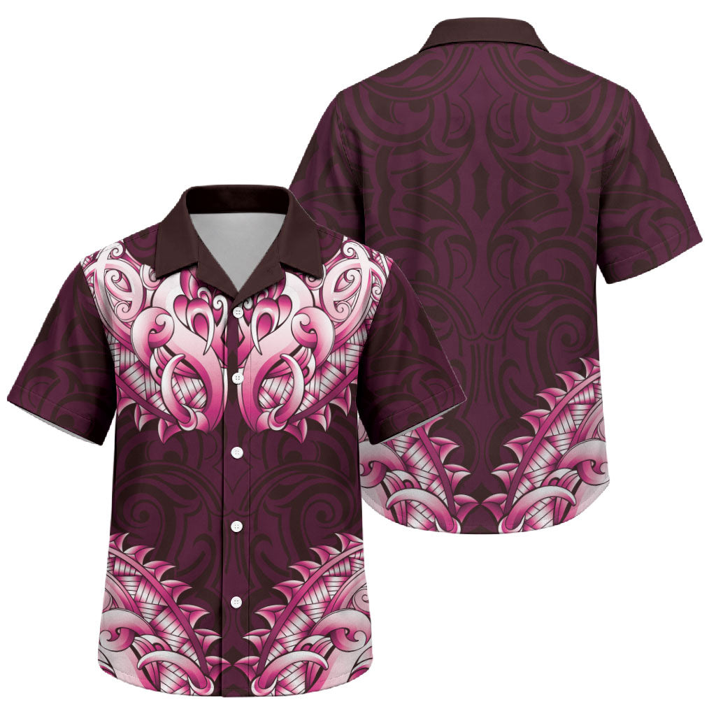 New Zealand Ta Moko Family Matching Off Shoulder Short Dress and Hawaiian Shirt Aotearoa Maori Chest Tattoo Pink