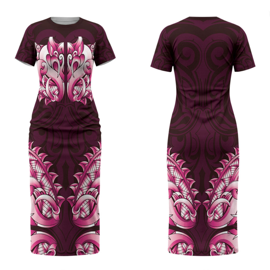 New Zealand Ta Moko Family Matching Short Sleeve Bodycon Dress and Hawaiian Shirt Aotearoa Maori Chest Tattoo Pink