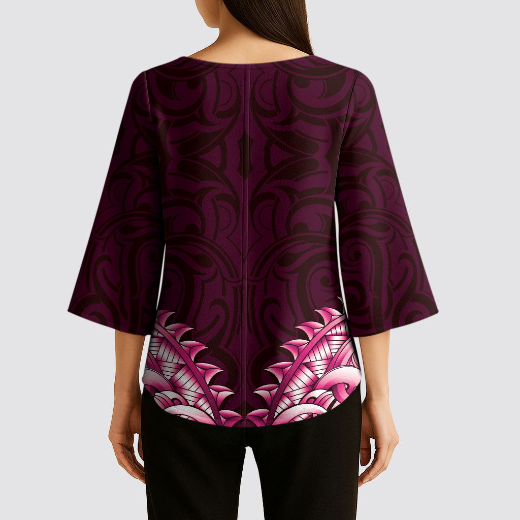 New Zealand Ta Moko Kimono Sleeve Blouse Aotearoa Maori Chest Tattoo Pink