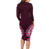 New Zealand Ta Moko Long Sleeve Bodycon Dress Aotearoa Maori Chest Tattoo Pink