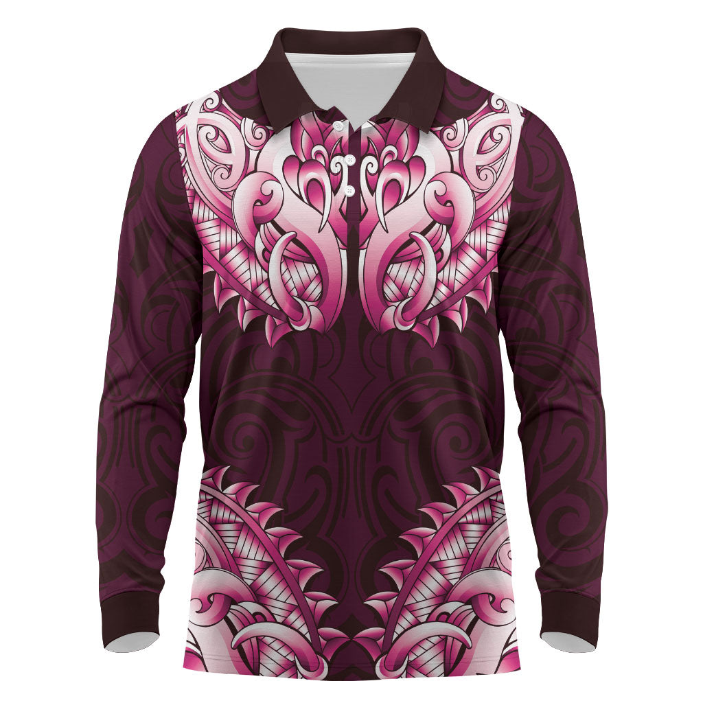 New Zealand Ta Moko Long Sleeve Polo Shirt Aotearoa Maori Chest Tattoo Pink