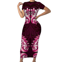 New Zealand Ta Moko Short Sleeve Bodycon Dress Aotearoa Maori Chest Tattoo Pink