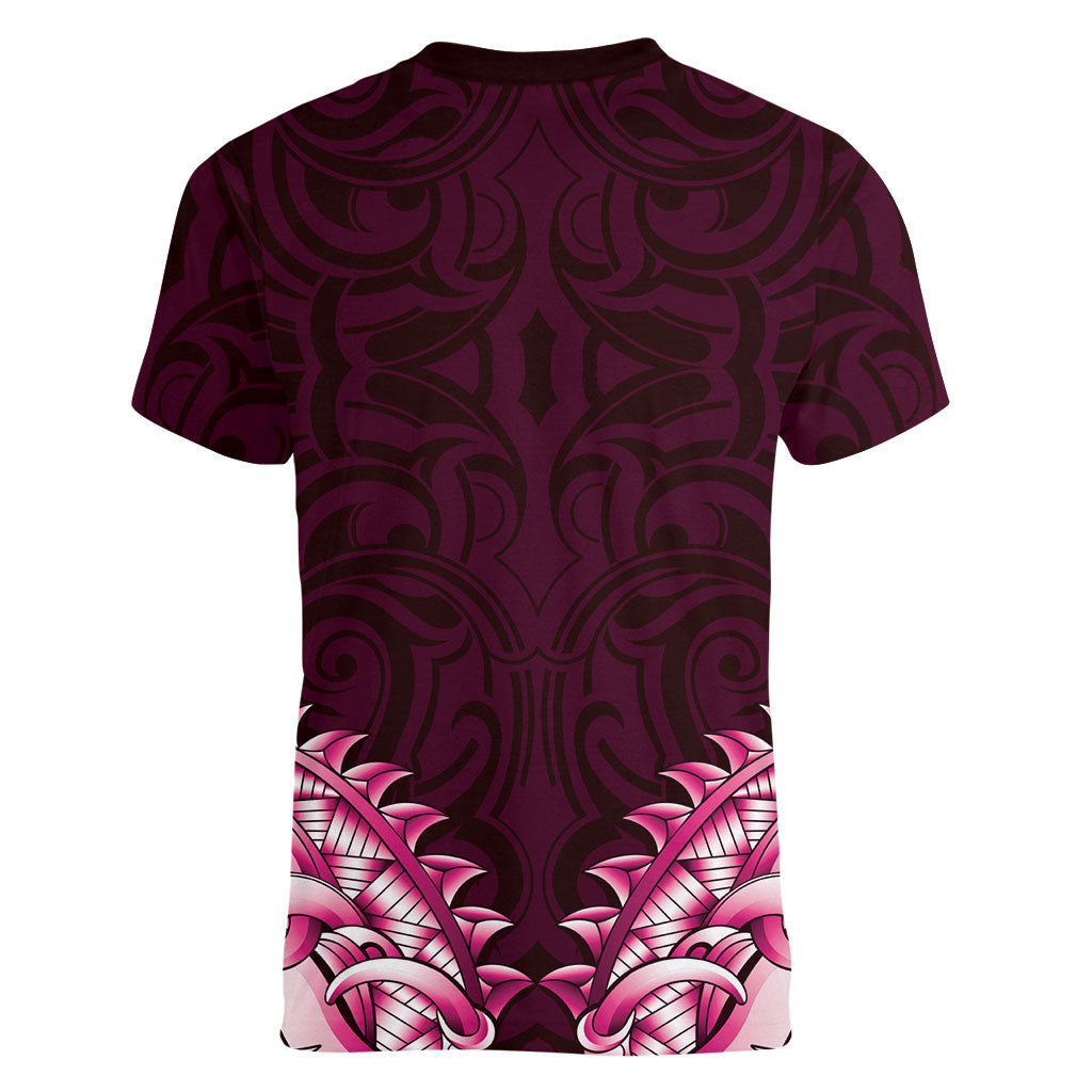New Zealand Ta Moko Women V-Neck T-Shirt Aotearoa Maori Chest Tattoo Pink