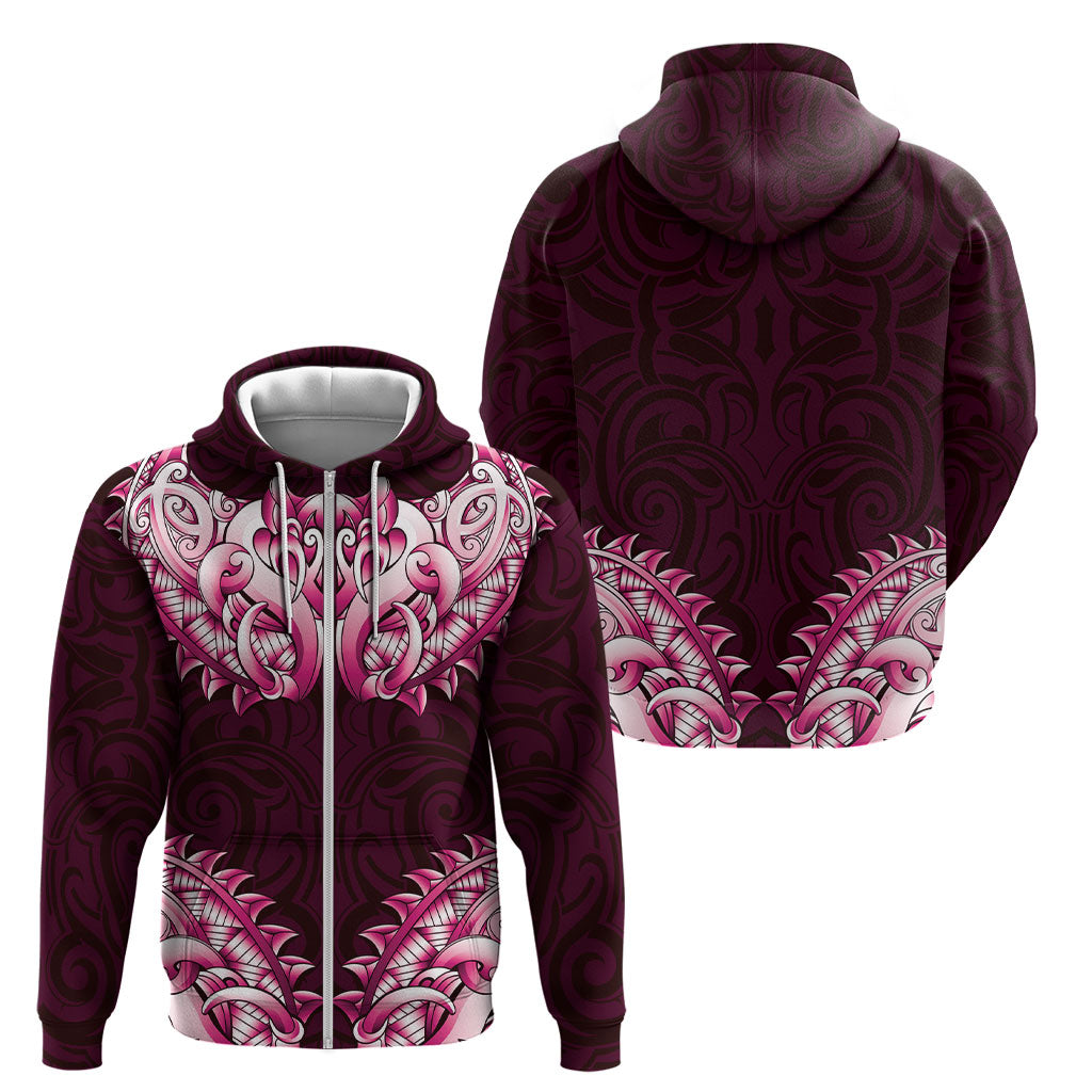New Zealand Ta Moko Zip Hoodie Aotearoa Maori Chest Tattoo Pink