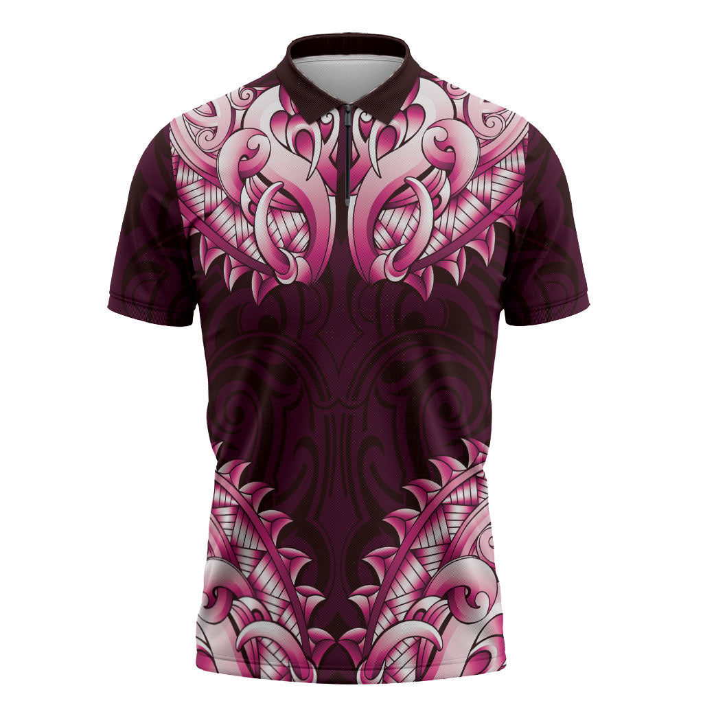 New Zealand Ta Moko Zipper Polo Shirt Aotearoa Maori Chest Tattoo Pink