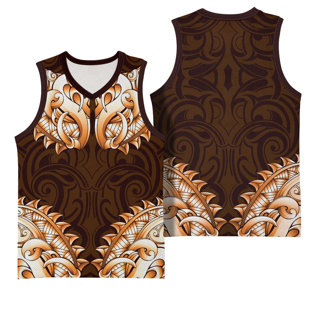 New Zealand Ta Moko Basketball Jersey Aotearoa Maori Chest Tattoo Orange