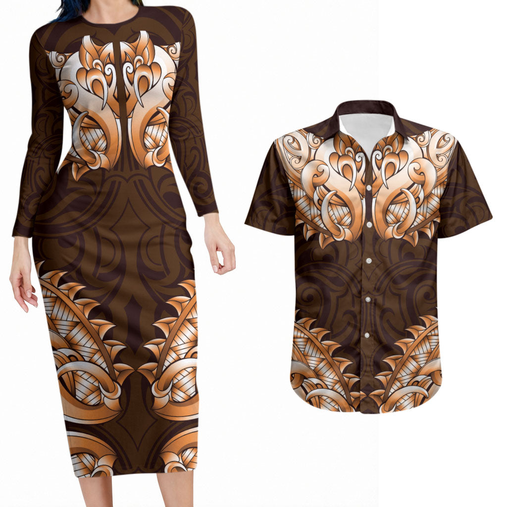 New Zealand Ta Moko Couples Matching Long Sleeve Bodycon Dress and Hawaiian Shirt Aotearoa Maori Chest Tattoo Orange