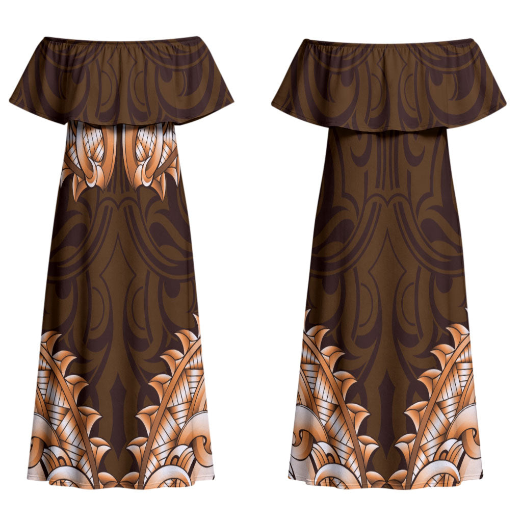 New Zealand Ta Moko Couples Matching Off Shoulder Maxi Dress and Hawaiian Shirt Aotearoa Maori Chest Tattoo Orange
