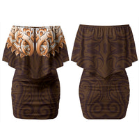 New Zealand Ta Moko Couples Matching Off Shoulder Short Dress and Long Sleeve Button Shirt Aotearoa Maori Chest Tattoo Orange