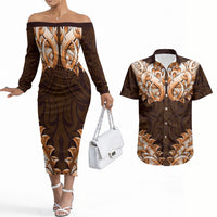New Zealand Ta Moko Couples Matching Off The Shoulder Long Sleeve Dress and Hawaiian Shirt Aotearoa Maori Chest Tattoo Orange
