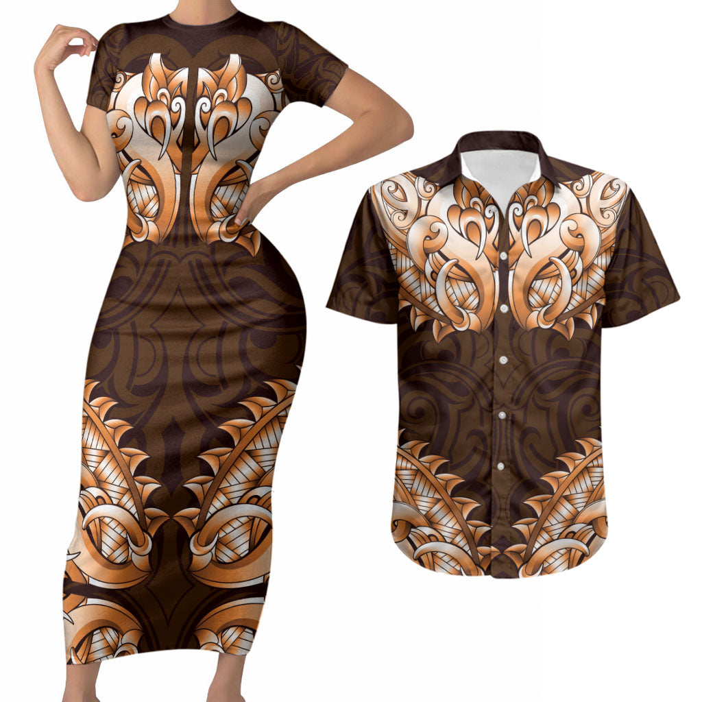 New Zealand Ta Moko Couples Matching Short Sleeve Bodycon Dress and Hawaiian Shirt Aotearoa Maori Chest Tattoo Orange