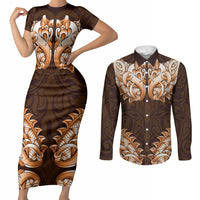 New Zealand Ta Moko Couples Matching Short Sleeve Bodycon Dress and Long Sleeve Button Shirt Aotearoa Maori Chest Tattoo Orange