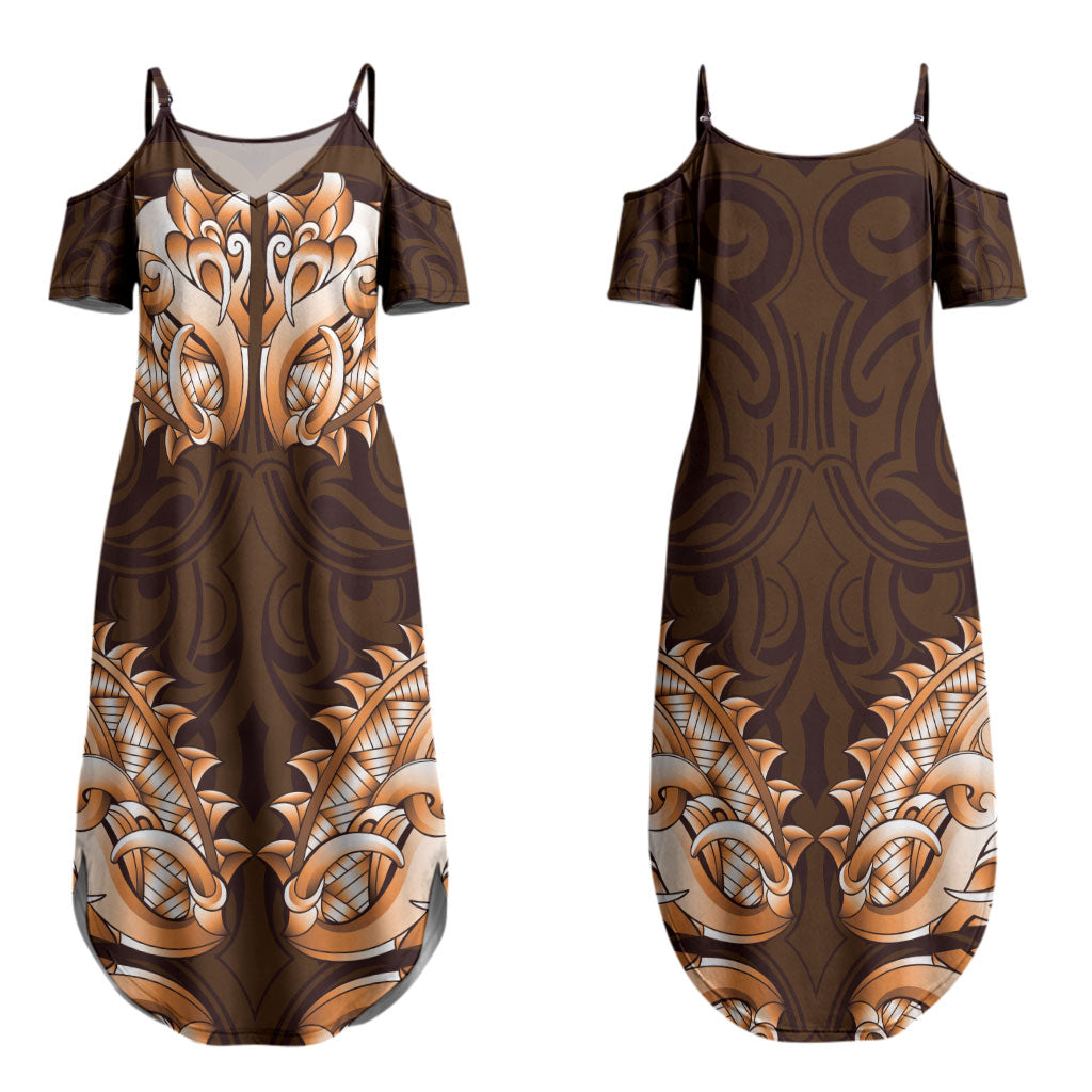 New Zealand Ta Moko Couples Matching Summer Maxi Dress and Hawaiian Shirt Aotearoa Maori Chest Tattoo Orange