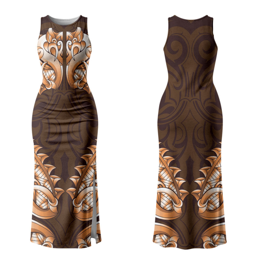 New Zealand Ta Moko Couples Matching Tank Maxi Dress and Long Sleeve Button Shirt Aotearoa Maori Chest Tattoo Orange