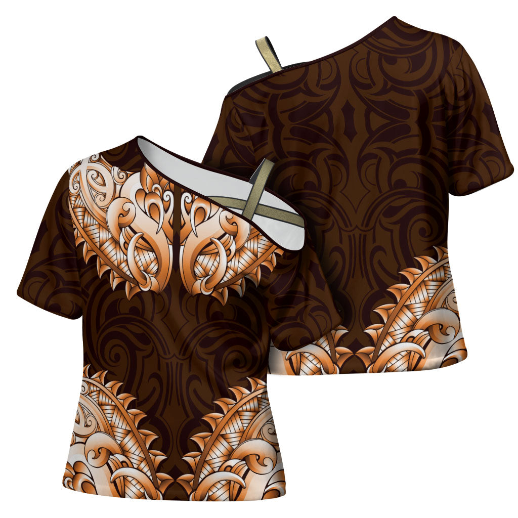 New Zealand Ta Moko Cross Shoulder Shirt Aotearoa Maori Chest Tattoo Orange