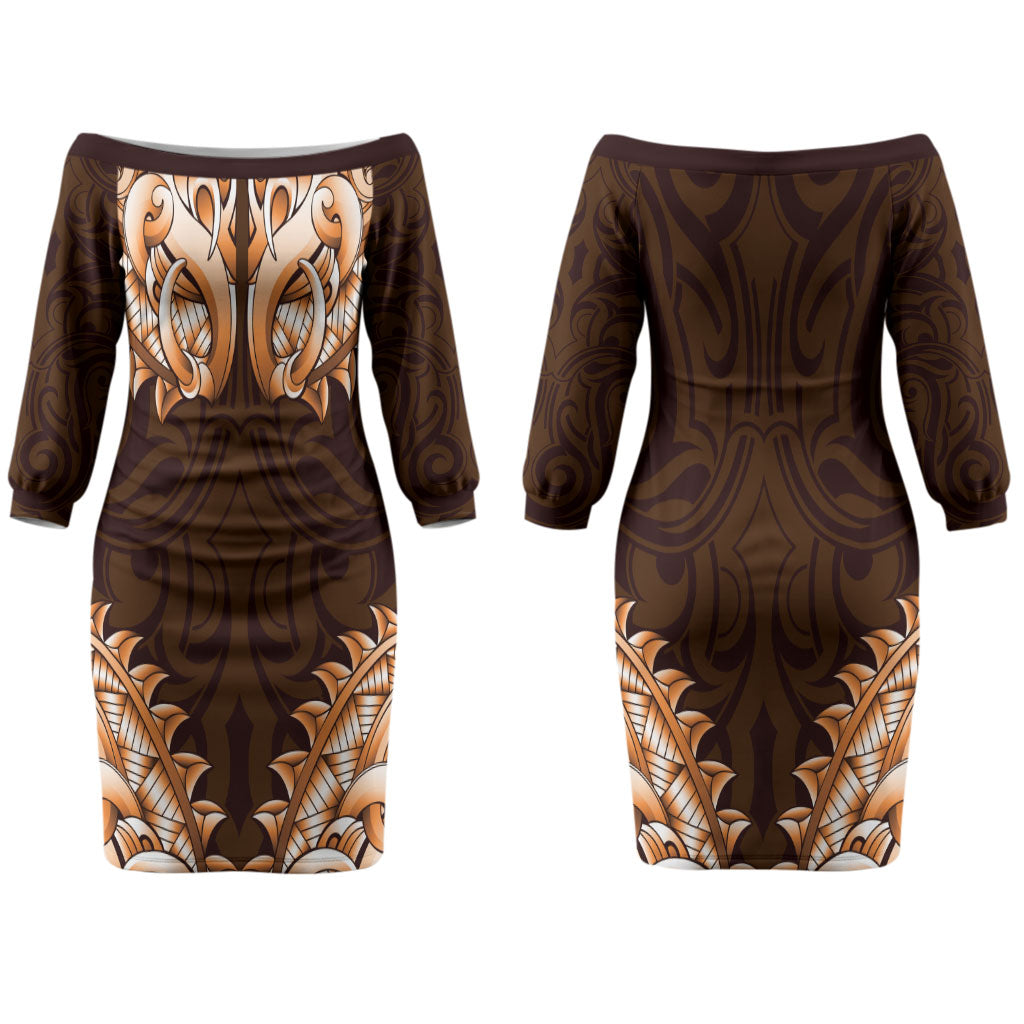 New Zealand Ta Moko Family Matching Off The Shoulder Long Sleeve Dress and Hawaiian Shirt Aotearoa Maori Chest Tattoo Orange