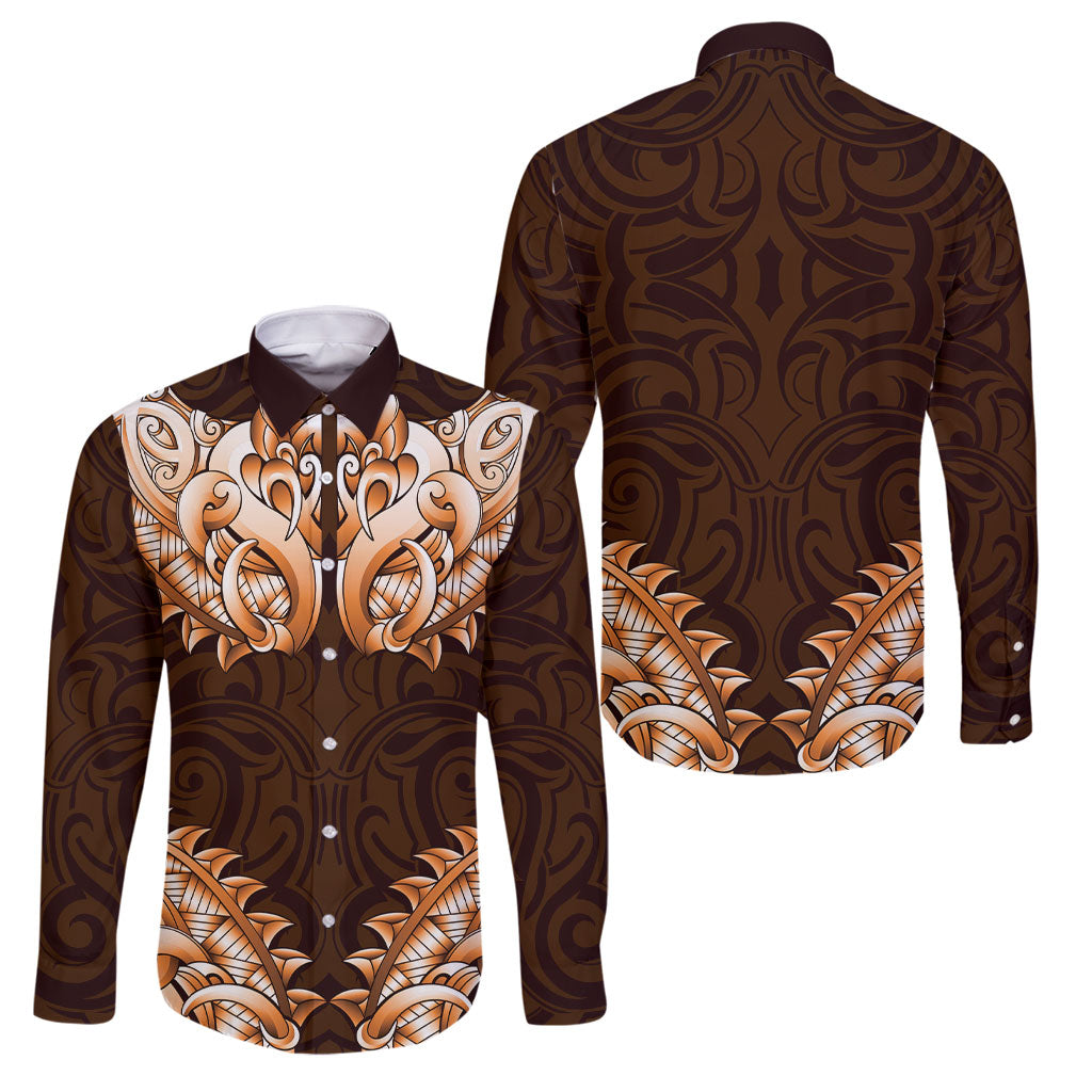 New Zealand Ta Moko Family Matching Off The Shoulder Long Sleeve Dress and Hawaiian Shirt Aotearoa Maori Chest Tattoo Orange