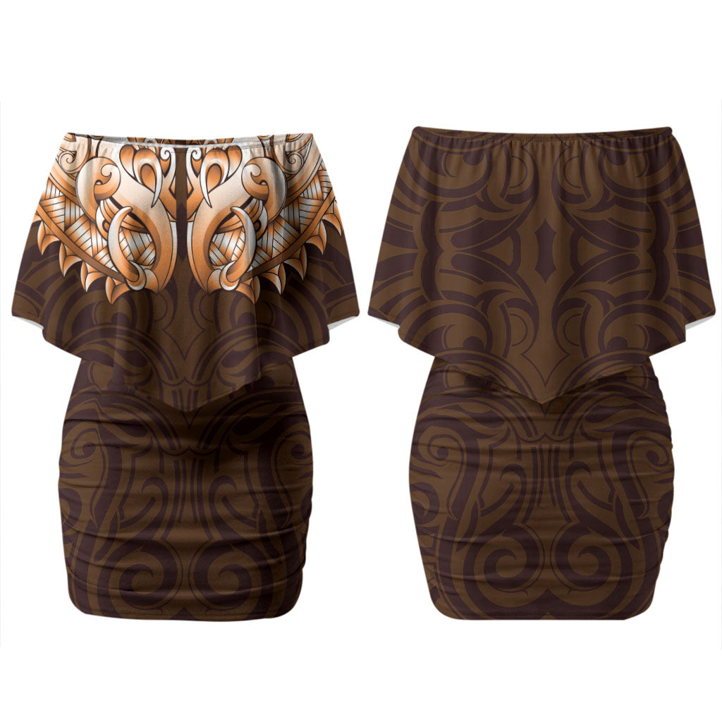 New Zealand Ta Moko Family Matching Off Shoulder Short Dress and Hawaiian Shirt Aotearoa Maori Chest Tattoo Orange