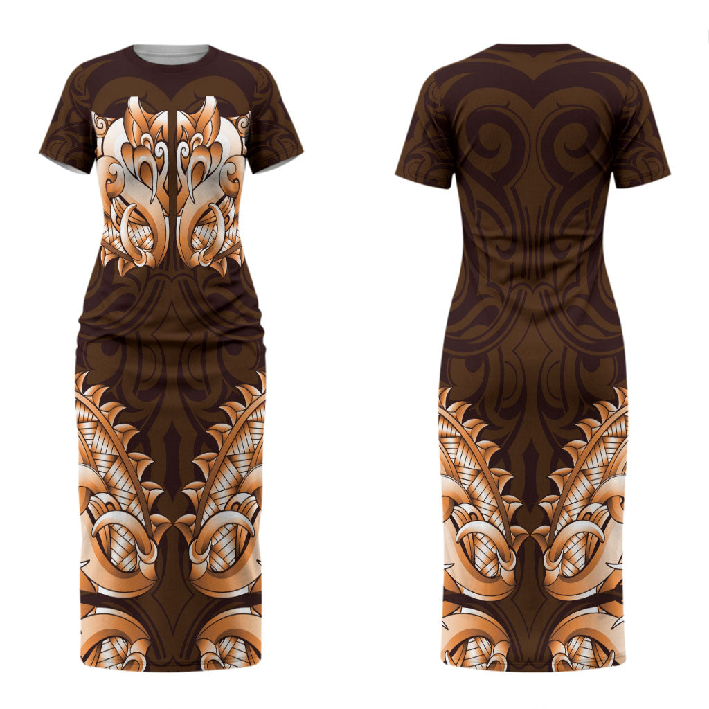 New Zealand Ta Moko Family Matching Short Sleeve Bodycon Dress and Hawaiian Shirt Aotearoa Maori Chest Tattoo Orange