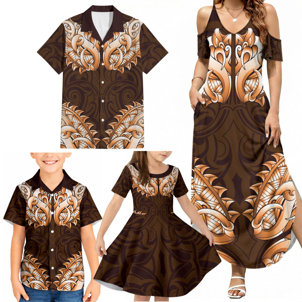New Zealand Ta Moko Family Matching Summer Maxi Dress and Hawaiian Shirt Aotearoa Maori Chest Tattoo Orange