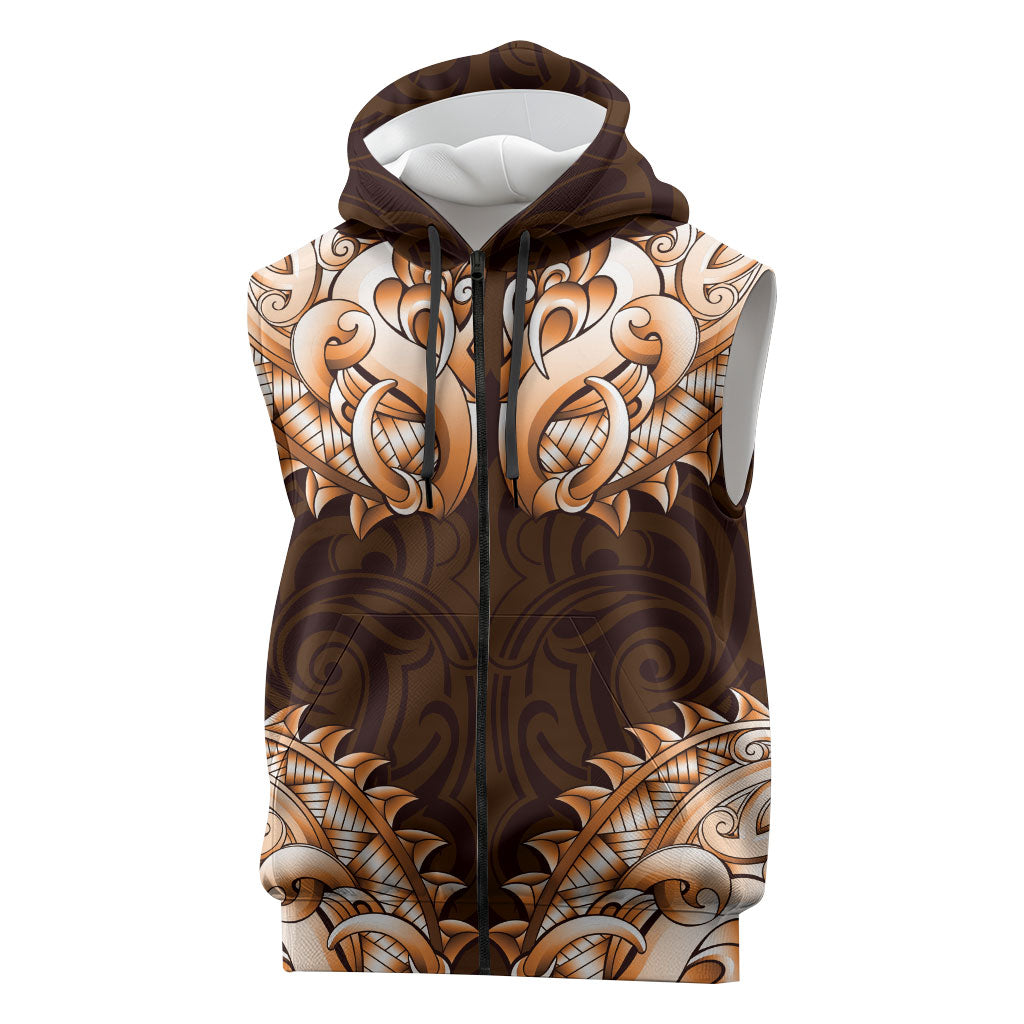 New Zealand Ta Moko Sleeveless Zip Hoodie Aotearoa Maori Chest Tattoo Orange