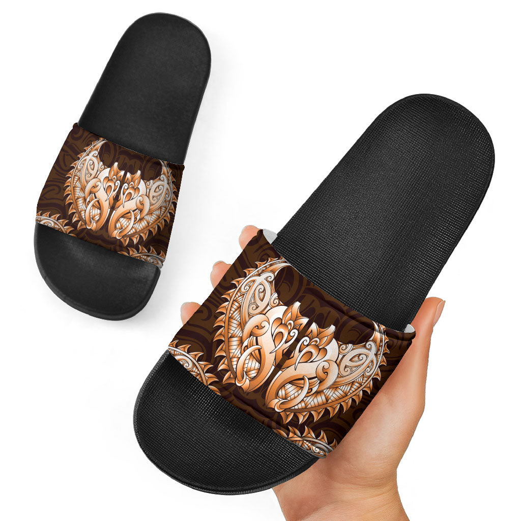 New Zealand Ta Moko Slide Sandals Aotearoa Maori Chest Tattoo Orange