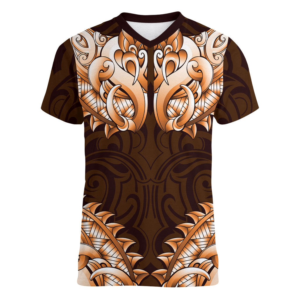 New Zealand Ta Moko Women V-Neck T-Shirt Aotearoa Maori Chest Tattoo Orange