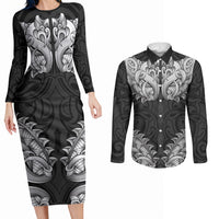 New Zealand Ta Moko Couples Matching Long Sleeve Bodycon Dress and Long Sleeve Button Shirt Aotearoa Maori Chest Tattoo Black