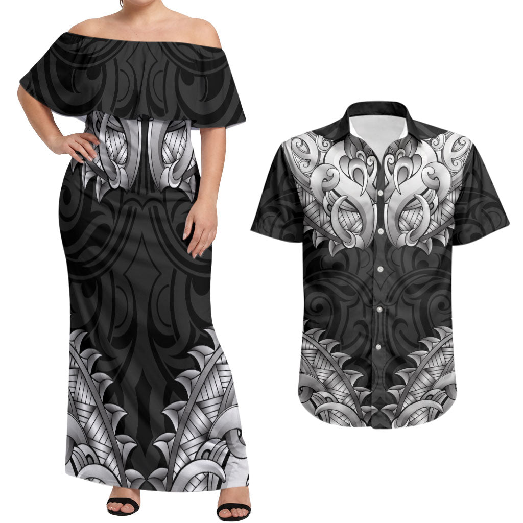 New Zealand Ta Moko Couples Matching Off Shoulder Maxi Dress and Hawaiian Shirt Aotearoa Maori Chest Tattoo Black