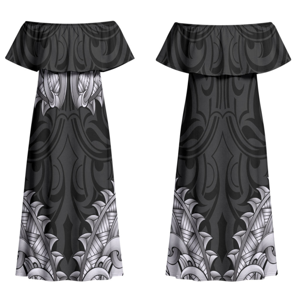 New Zealand Ta Moko Couples Matching Off Shoulder Maxi Dress and Hawaiian Shirt Aotearoa Maori Chest Tattoo Black