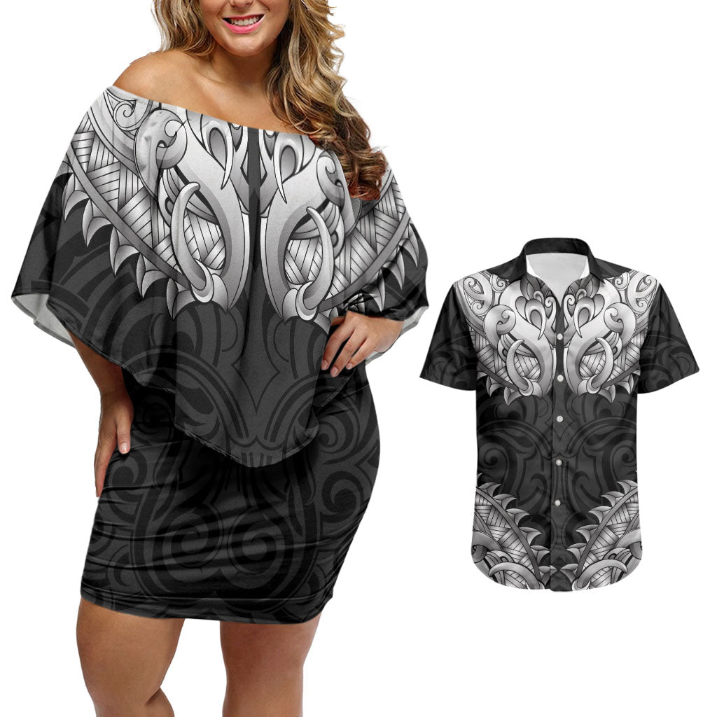 New Zealand Ta Moko Couples Matching Off Shoulder Short Dress and Hawaiian Shirt Aotearoa Maori Chest Tattoo Black