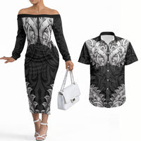 New Zealand Ta Moko Couples Matching Off The Shoulder Long Sleeve Dress and Hawaiian Shirt Aotearoa Maori Chest Tattoo Black