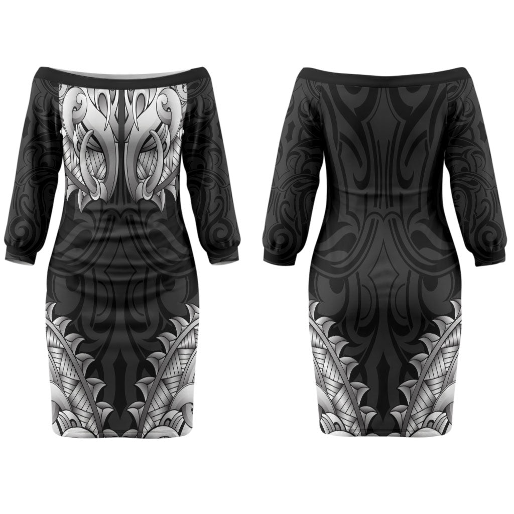 New Zealand Ta Moko Couples Matching Off The Shoulder Long Sleeve Dress and Long Sleeve Button Shirt Aotearoa Maori Chest Tattoo Black
