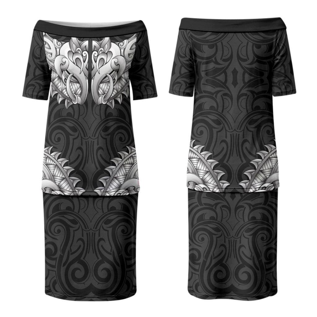 New Zealand Ta Moko Couples Matching Puletasi and Hawaiian Shirt Aotearoa Maori Chest Tattoo Black