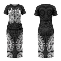 New Zealand Ta Moko Couples Matching Short Sleeve Bodycon Dress and Hawaiian Shirt Aotearoa Maori Chest Tattoo Black