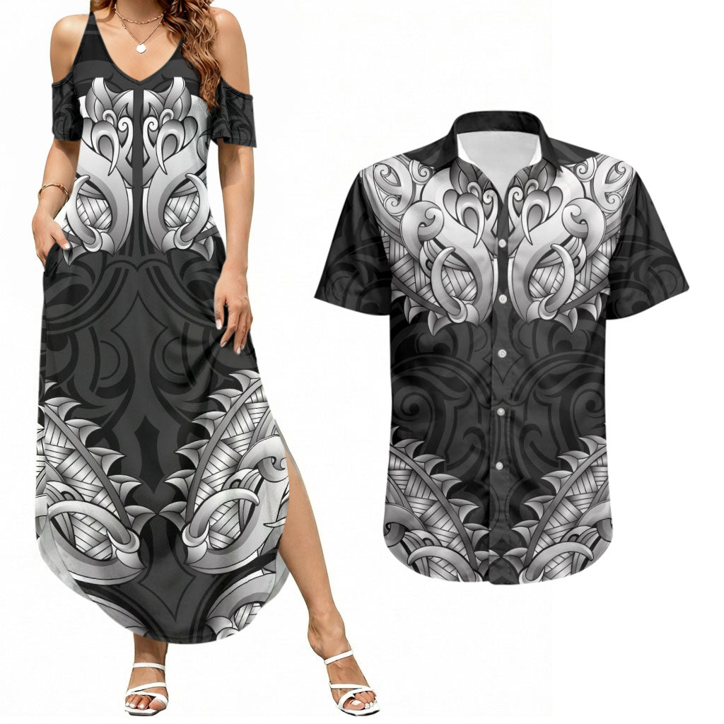 New Zealand Ta Moko Couples Matching Summer Maxi Dress and Hawaiian Shirt Aotearoa Maori Chest Tattoo Black LT14 Black - Polynesian Pride