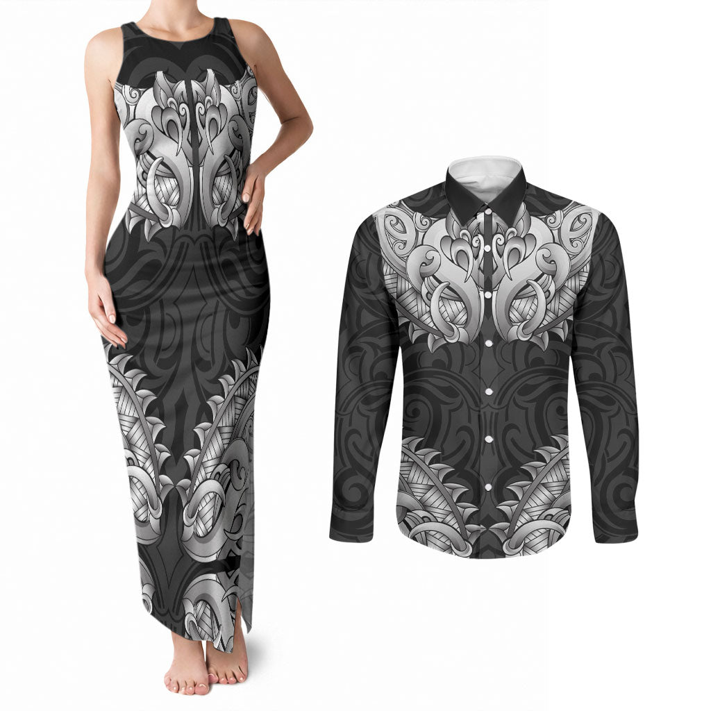 New Zealand Ta Moko Couples Matching Tank Maxi Dress and Long Sleeve Button Shirt Aotearoa Maori Chest Tattoo Black