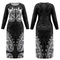 New Zealand Ta Moko Family Matching Long Sleeve Bodycon Dress and Hawaiian Shirt Aotearoa Maori Chest Tattoo Black