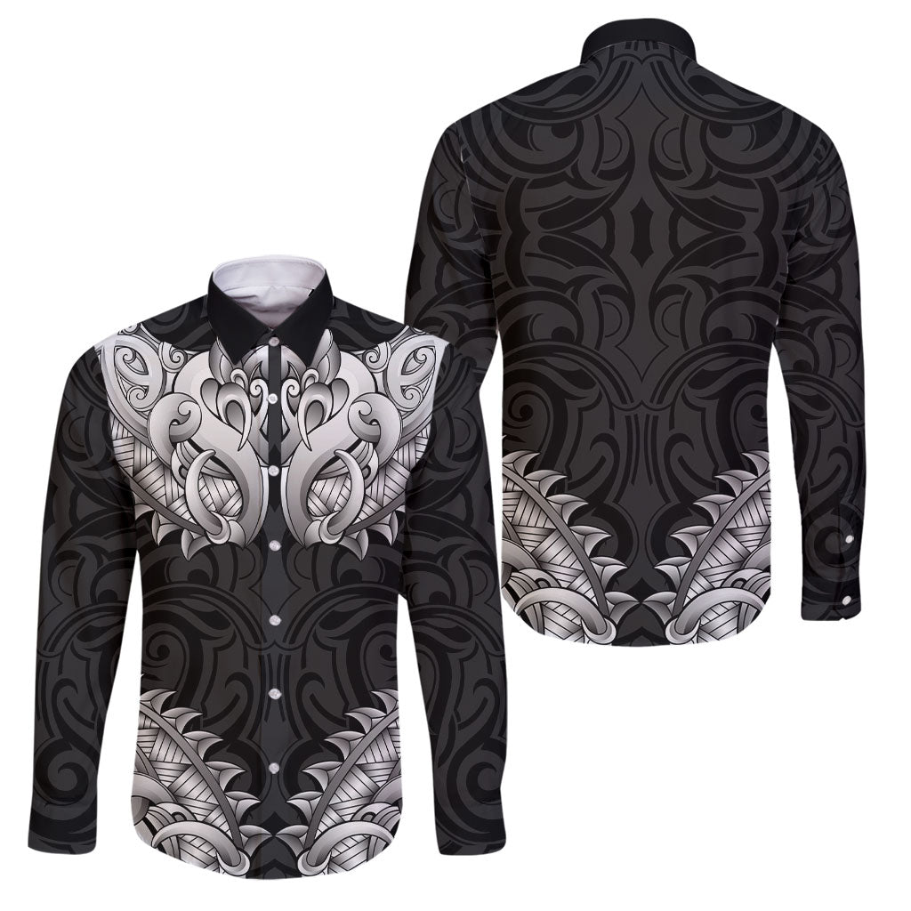 New Zealand Ta Moko Family Matching Off The Shoulder Long Sleeve Dress and Hawaiian Shirt Aotearoa Maori Chest Tattoo Black