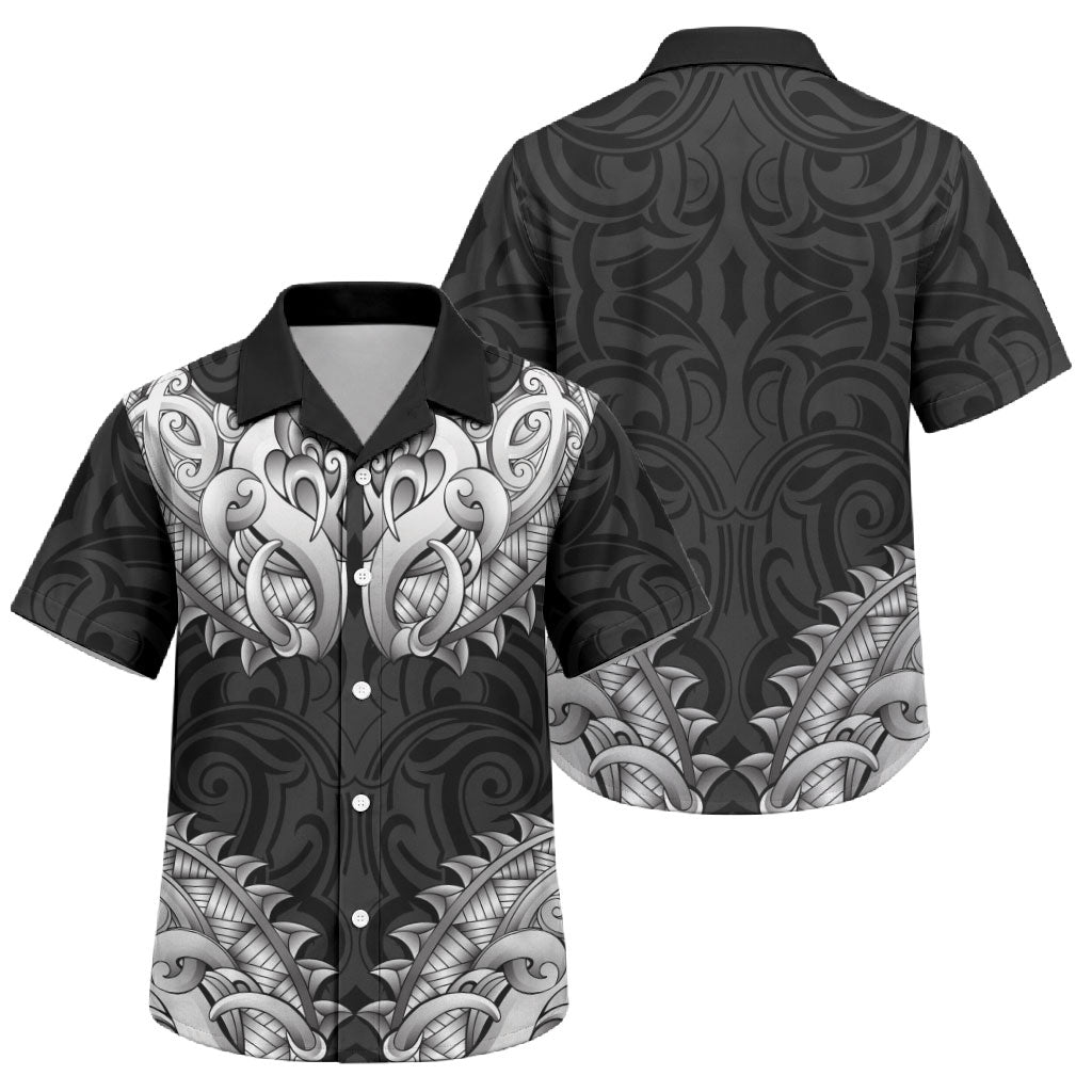 New Zealand Ta Moko Family Matching Off The Shoulder Long Sleeve Dress and Hawaiian Shirt Aotearoa Maori Chest Tattoo Black