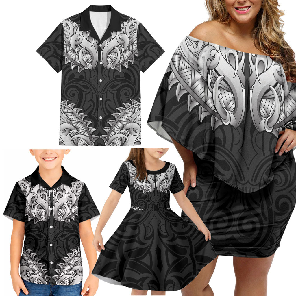 New Zealand Ta Moko Family Matching Off Shoulder Short Dress and Hawaiian Shirt Aotearoa Maori Chest Tattoo Black