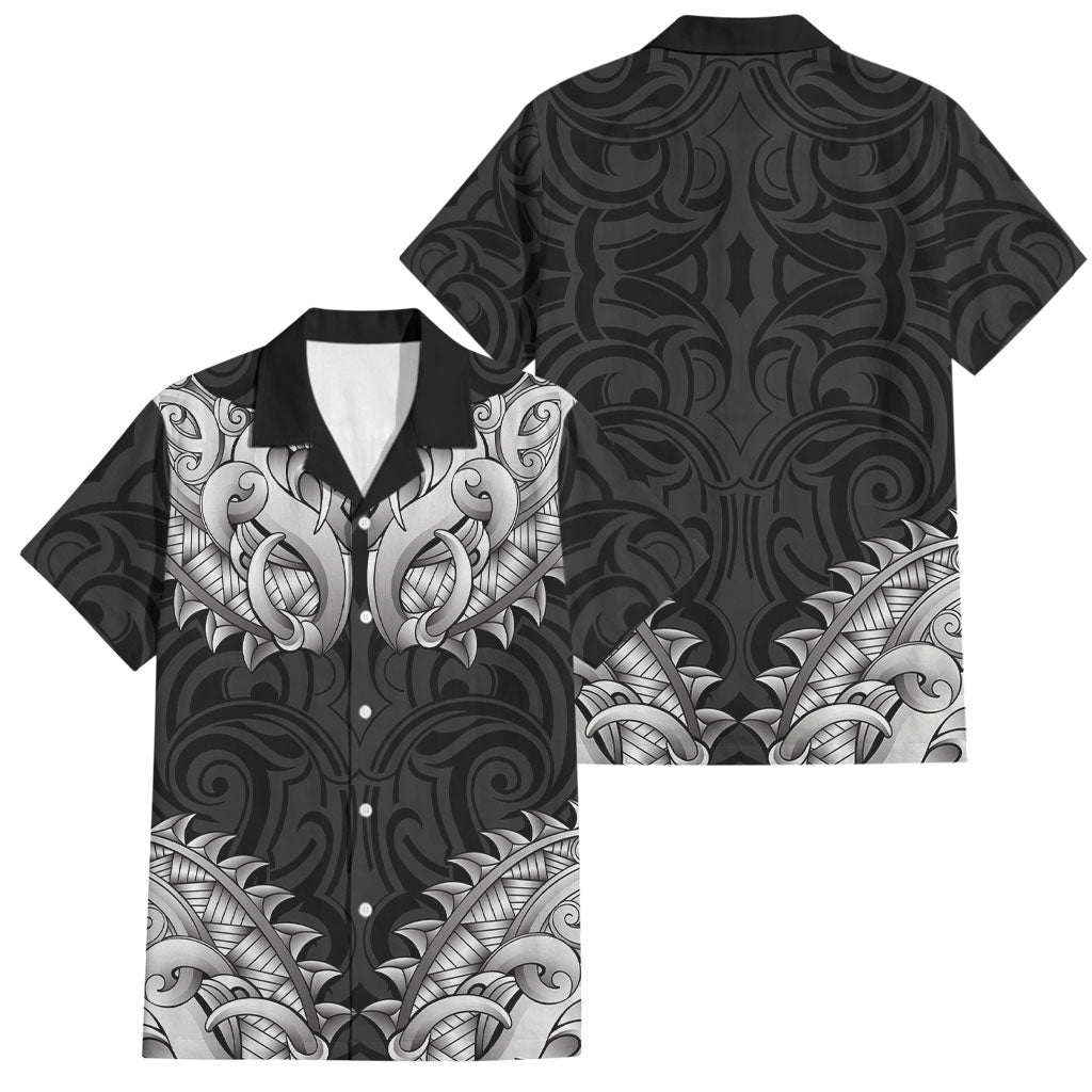 New Zealand Ta Moko Family Matching Off Shoulder Short Dress and Hawaiian Shirt Aotearoa Maori Chest Tattoo Black