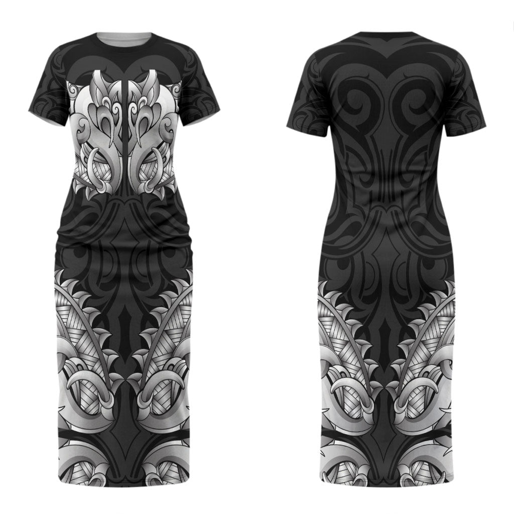 New Zealand Ta Moko Family Matching Short Sleeve Bodycon Dress and Hawaiian Shirt Aotearoa Maori Chest Tattoo Black