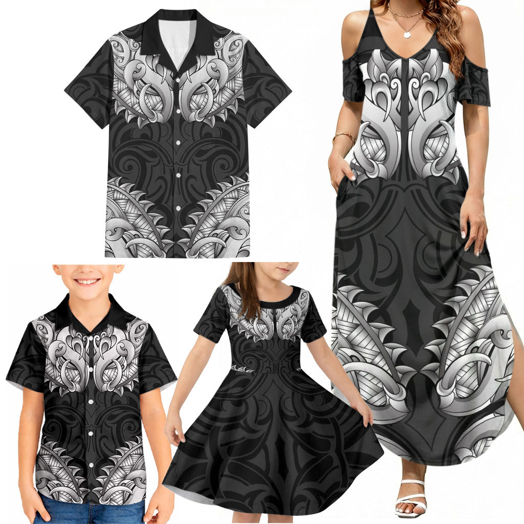 New Zealand Ta Moko Family Matching Summer Maxi Dress and Hawaiian Shirt Aotearoa Maori Chest Tattoo Black LT14 - Polynesian Pride