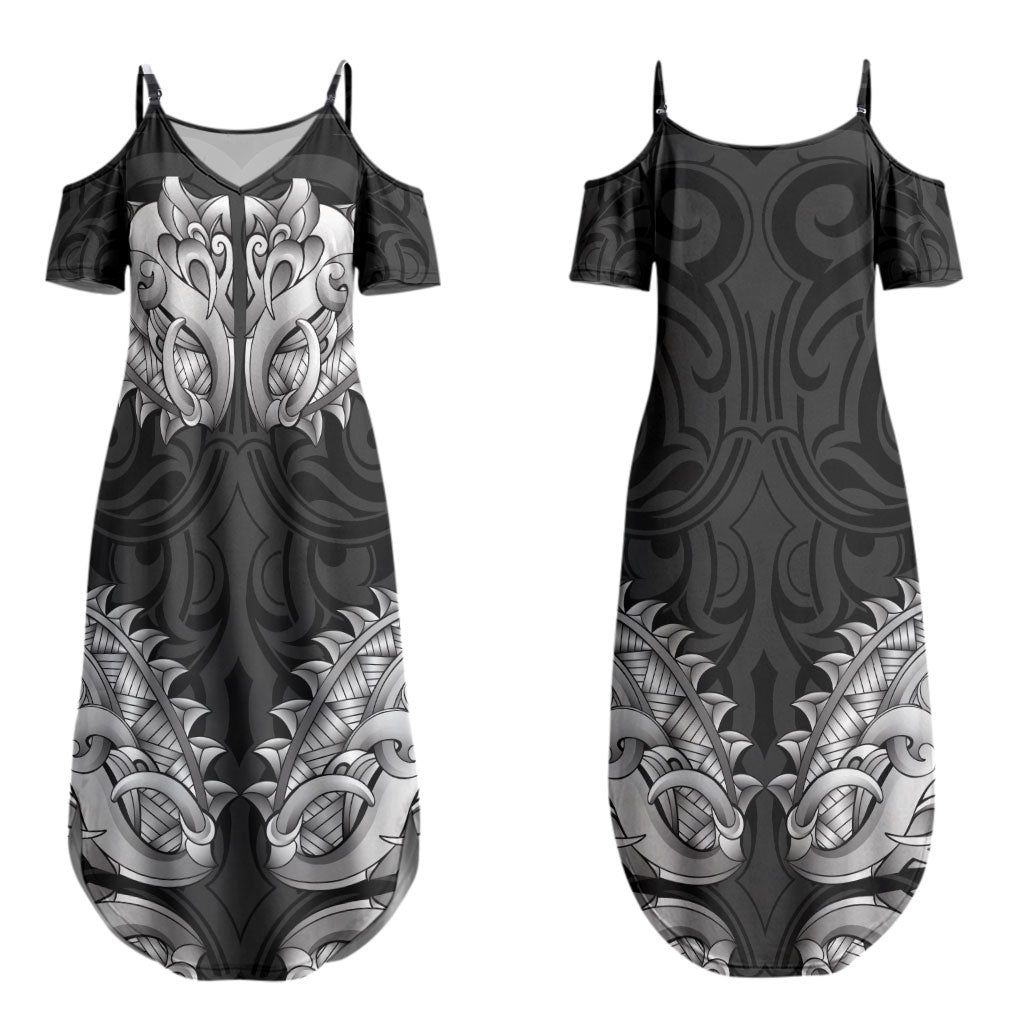 New Zealand Ta Moko Family Matching Summer Maxi Dress and Hawaiian Shirt Aotearoa Maori Chest Tattoo Black