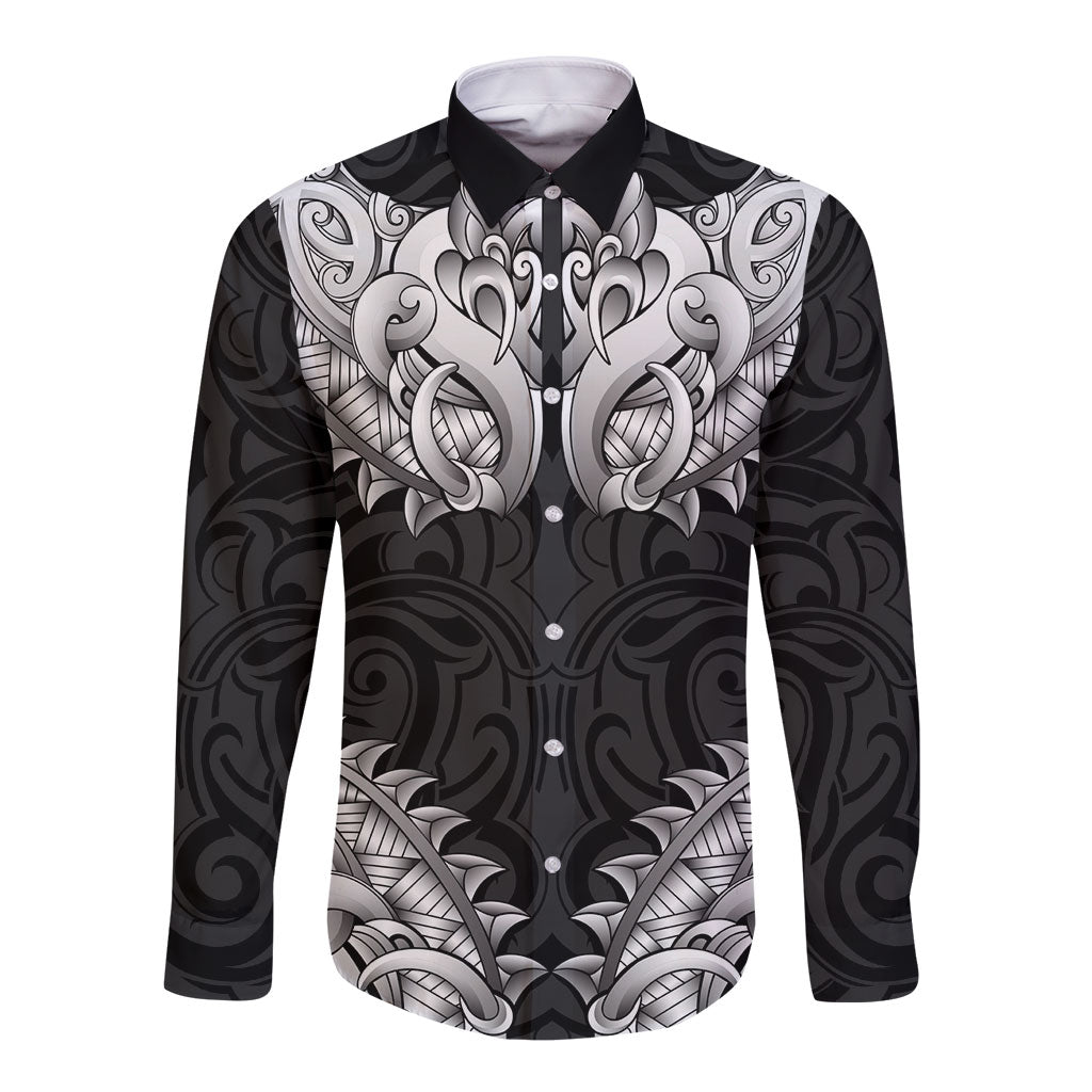 New Zealand Ta Moko Long Sleeve Button Shirt Aotearoa Maori Chest Tattoo Black