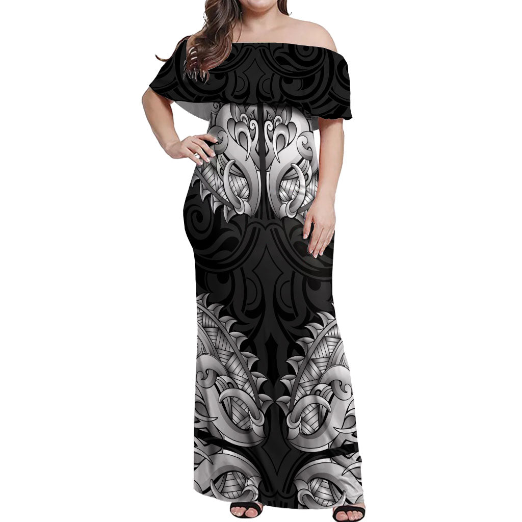 New Zealand Ta Moko Off Shoulder Maxi Dress Aotearoa Maori Chest Tattoo Black LT14 Women Black - Polynesian Pride